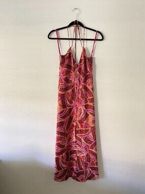 Vintage y2k Boho Satin Halter Maxi Slip Dress Paisley XS Summer